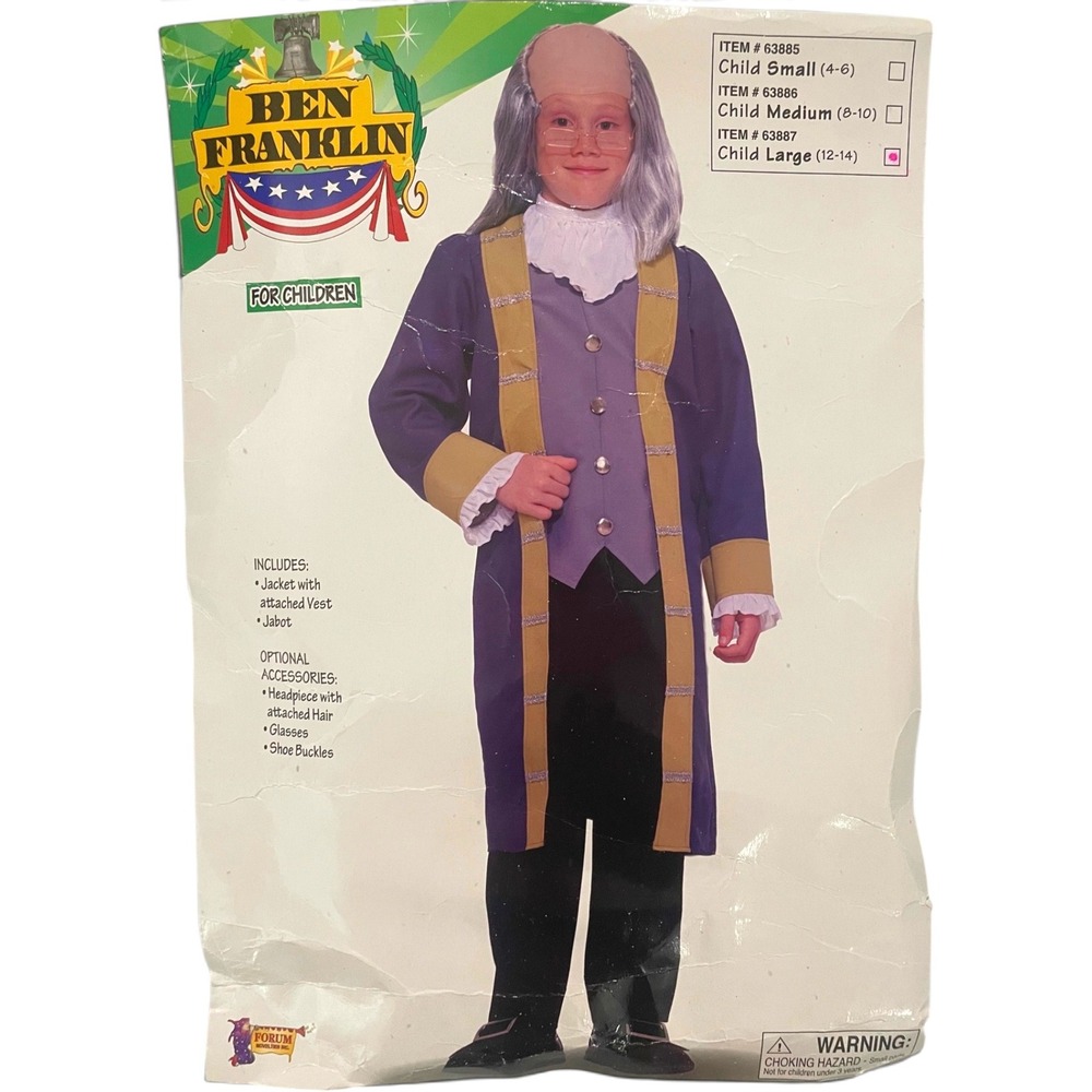 Forum Ben Franklin Costume Kids L 12-14 Colonial Jacket Wig Jabot Halloween